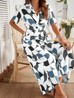 Women's Normal Jumpsuit Active Geometric Short Sleeve Wide Leg Shirt Collar Lace up High Waist Vacation Daily Regular Fit Black Red Green Summer Women Graphic Jumpsuit