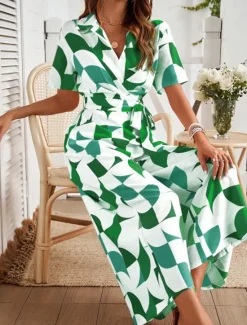 Women's Normal Jumpsuit Active Geometric Short Sleeve Wide Leg Shirt Collar Lace up High Waist Vacation Daily Regular Fit Black Red Green Summer Women Graphic Jumpsuit