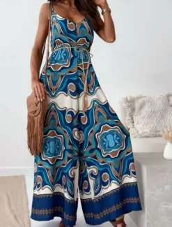 Best Women's Normal Jumpsuit Active Graphic Sleeveless Wide Leg V Neck High Waist Vacation Daily Regular Fit Navy Blue Blue Apricot Summer Women Jumpsuits|Graphic Jumpsuit