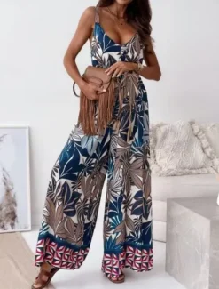 Best Women's Normal Jumpsuit Active Graphic Sleeveless Wide Leg V Neck High Waist Vacation Daily Regular Fit Navy Blue Blue Apricot Summer Women Jumpsuits|Graphic Jumpsuit