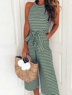 Clearance Women's Normal Jumpsuit Active Striped Sleeveless Halter Neck Pocket Print Vacation Daily Regular Fit Pink Blue Green Summer Women Jumpsuits|Graphic Jumpsuit