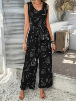 Discount Women's Normal Jumpsuit Active Graphic Sleeveless Wide Leg U Neck High Waist Vacation Daily Regular Fit Black Red Green Summer Women Jumpsuits|Graphic Jumpsuit