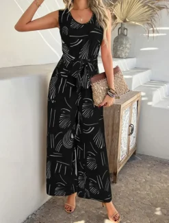 Discount Women's Normal Jumpsuit Active Graphic Sleeveless Wide Leg U Neck High Waist Vacation Daily Regular Fit Black Red Green Summer Women Jumpsuits|Graphic Jumpsuit