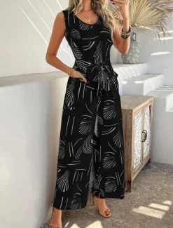 Discount Women's Normal Jumpsuit Active Graphic Sleeveless Wide Leg U Neck High Waist Vacation Daily Regular Fit Black Red Green Summer Women Jumpsuits|Graphic Jumpsuit