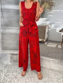 Discount Women's Normal Jumpsuit Active Graphic Sleeveless Wide Leg U Neck High Waist Vacation Daily Regular Fit Black Red Green Summer Women Jumpsuits|Graphic Jumpsuit