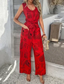 Discount Women's Normal Jumpsuit Active Graphic Sleeveless Wide Leg U Neck High Waist Vacation Daily Regular Fit Black Red Green Summer Women Jumpsuits|Graphic Jumpsuit