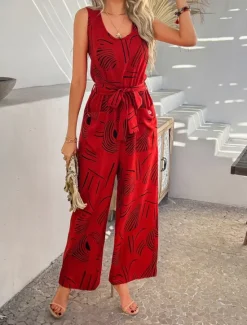 Discount Women's Normal Jumpsuit Active Graphic Sleeveless Wide Leg U Neck High Waist Vacation Daily Regular Fit Black Red Green Summer Women Jumpsuits|Graphic Jumpsuit
