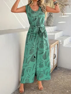 Discount Women's Normal Jumpsuit Active Graphic Sleeveless Wide Leg U Neck High Waist Vacation Daily Regular Fit Black Red Green Summer Women Jumpsuits|Graphic Jumpsuit
