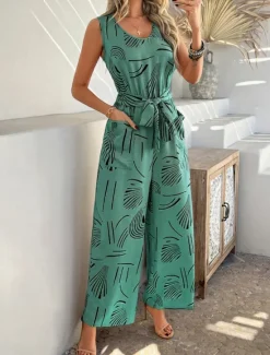 Discount Women's Normal Jumpsuit Active Graphic Sleeveless Wide Leg U Neck High Waist Vacation Daily Regular Fit Black Red Green Summer Women Jumpsuits|Graphic Jumpsuit