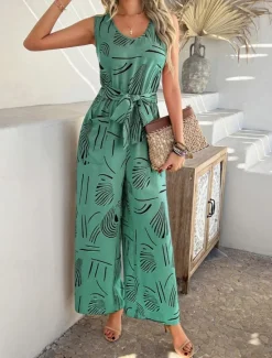 Discount Women's Normal Jumpsuit Active Graphic Sleeveless Wide Leg U Neck High Waist Vacation Daily Regular Fit Black Red Green Summer Women Jumpsuits|Graphic Jumpsuit