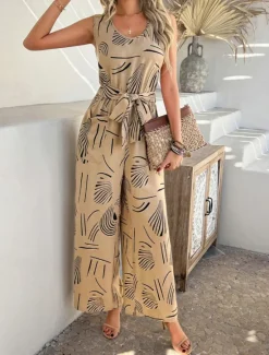 Discount Women's Normal Jumpsuit Active Graphic Sleeveless Wide Leg U Neck High Waist Vacation Daily Regular Fit Black Red Green Summer Women Jumpsuits|Graphic Jumpsuit
