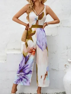 Sale Women's Normal Jumpsuit Active Floral Sleeveless V Neck High Waist Vacation Daily Regular Fit Purple Orange Summer Women Jumpsuits