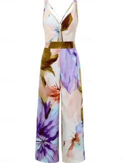 Sale Women's Normal Jumpsuit Active Floral Sleeveless V Neck High Waist Vacation Daily Regular Fit Purple Orange Summer Women Jumpsuits