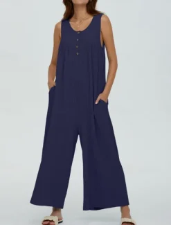 Best Women's Normal Jumpsuit Active Solid Color Sleeveless U Neck Buttons Pocket Vacation Daily Regular Fit Black Navy Blue Blue Summer Women Jumpsuits