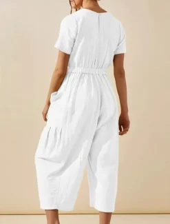 Best Women's Normal Jumpsuit Active Solid Color Short Sleeve Round Neck Pocket Vacation Daily Regular Fit White Green Khaki Summer Women Jumpsuits