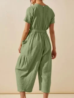 Best Women's Normal Jumpsuit Active Solid Color Short Sleeve Round Neck Pocket Vacation Daily Regular Fit White Green Khaki Summer Women Jumpsuits