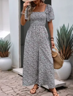 Sale Women's Normal Jumpsuit Active Floral Short Sleeve Square Neck Pocket High Waist Vacation Daily Regular Fit Pink Blue Summer Women Jumpsuits