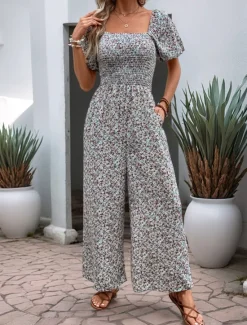 Sale Women's Normal Jumpsuit Active Floral Short Sleeve Square Neck Pocket High Waist Vacation Daily Regular Fit Pink Blue Summer Women Jumpsuits