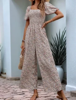 Sale Women's Normal Jumpsuit Active Floral Short Sleeve Square Neck Pocket High Waist Vacation Daily Regular Fit Pink Blue Summer Women Jumpsuits