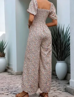 Sale Women's Normal Jumpsuit Active Floral Short Sleeve Square Neck Pocket High Waist Vacation Daily Regular Fit Pink Blue Summer Women Jumpsuits