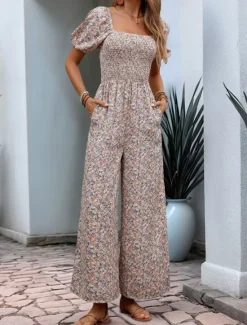 Sale Women's Normal Jumpsuit Active Floral Short Sleeve Square Neck Pocket High Waist Vacation Daily Regular Fit Pink Blue Summer Women Jumpsuits
