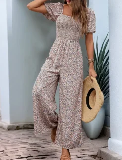 Sale Women's Normal Jumpsuit Active Floral Short Sleeve Square Neck Pocket High Waist Vacation Daily Regular Fit Pink Blue Summer Women Jumpsuits