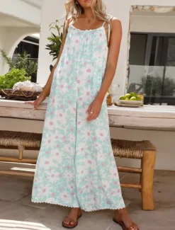 Discount Women's Normal Jumpsuit Active Floral Sleeveless U Neck High Waist Vacation Daily Loose Fit Summer Women Jumpsuits