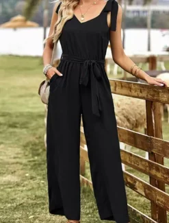 Best Women's Normal Jumpsuit Active Solid Color Sleeveless V Neck Lace up Pocket Vacation Daily Regular Fit Black Wine Summer Women Jumpsuits