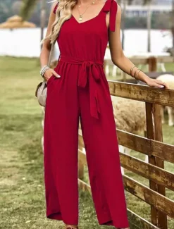 Best Women's Normal Jumpsuit Active Solid Color Sleeveless V Neck Lace up Pocket Vacation Daily Regular Fit Black Wine Summer Women Jumpsuits