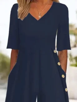 Outlet Women's Normal Jumpsuit Active Solid Color Half Sleeve Wide Leg V Neck Buttons Pocket Vacation Daily Regular Fit Summer Women Jumpsuits|Graphic Jumpsuit