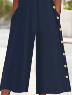 Outlet Women's Normal Jumpsuit Active Solid Color Half Sleeve Wide Leg V Neck Buttons Pocket Vacation Daily Regular Fit Summer Women Jumpsuits|Graphic Jumpsuit