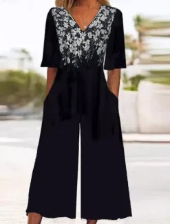 Best Women's Normal Jumpsuit Active Floral 3/4 Length Sleeve Wide Leg V Neck High Waist Vacation Daily Regular Fit Black Red Blue Summer Women Jumpsuits|Graphic Jumpsuit