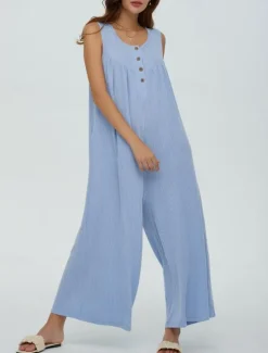 Online Women's Normal Jumpsuit Active Solid Color Sleeveless U Neck Buttons Pocket Vacation Daily Regular Fit Black Navy Blue Blue Summer Women Jumpsuits