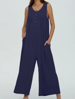 Online Women's Normal Jumpsuit Active Solid Color Sleeveless U Neck Buttons Pocket Vacation Daily Regular Fit Black Navy Blue Blue Summer Women Jumpsuits