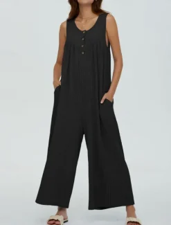 Online Women's Normal Jumpsuit Active Solid Color Sleeveless U Neck Buttons Pocket Vacation Daily Regular Fit Black Navy Blue Blue Summer Women Jumpsuits