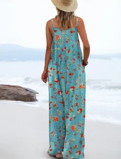 Outlet Women's Normal Jumpsuit Active Floral Sleeveless Wide Leg Round Neck Pocket High Waist Vacation Daily Regular Fit Yellow Pink Army Green Summer Women Graphic Jumpsuit