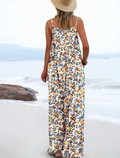 Outlet Women's Normal Jumpsuit Active Floral Sleeveless Wide Leg Round Neck Pocket High Waist Vacation Daily Regular Fit Yellow Pink Army Green Summer Women Graphic Jumpsuit