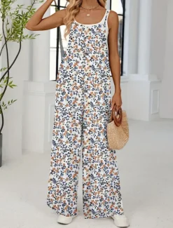 Outlet Women's Normal Jumpsuit Active Floral Sleeveless Wide Leg Round Neck Pocket High Waist Vacation Daily Regular Fit Yellow Pink Army Green Summer Women Graphic Jumpsuit