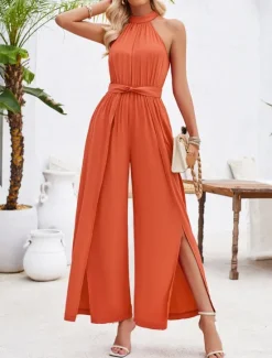 Online Women's Normal Jumpsuit Active Solid Color Sleeveless Halter Neck High Waist Tie Belt Vacation Daily Regular Fit Green Summer Women Jumpsuits