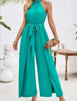 Online Women's Normal Jumpsuit Active Solid Color Sleeveless Halter Neck High Waist Tie Belt Vacation Daily Regular Fit Green Summer Women Jumpsuits