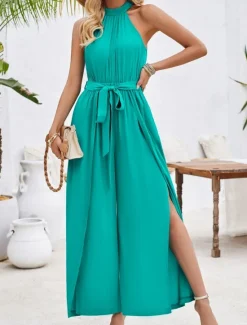 Online Women's Normal Jumpsuit Active Solid Color Sleeveless Halter Neck High Waist Tie Belt Vacation Daily Regular Fit Green Summer Women Jumpsuits