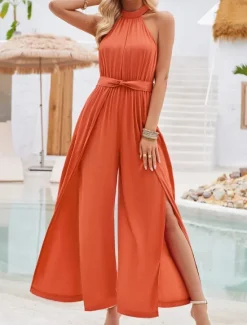Online Women's Normal Jumpsuit Active Solid Color Sleeveless Halter Neck High Waist Tie Belt Vacation Daily Regular Fit Green Summer Women Jumpsuits