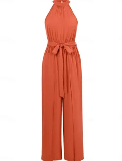 Online Women's Normal Jumpsuit Active Solid Color Sleeveless Halter Neck High Waist Tie Belt Vacation Daily Regular Fit Green Summer Women Jumpsuits