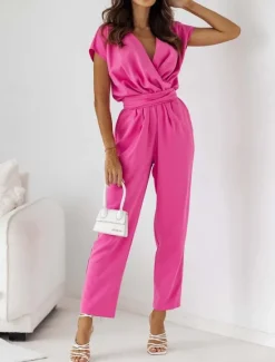 Women's Normal Jumpsuit Active Solid Color Short Sleeve V Neck High Waist Street Daily Regular Fit Black White Fuchsia Summer Women Jumpsuits