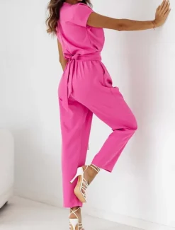 Women's Normal Jumpsuit Active Solid Color Short Sleeve V Neck High Waist Street Daily Regular Fit Black White Fuchsia Summer Women Jumpsuits
