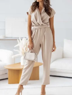 Women's Normal Jumpsuit Active Solid Color Short Sleeve V Neck High Waist Street Daily Regular Fit Black White Fuchsia Summer Women Jumpsuits