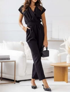 Women's Normal Jumpsuit Active Solid Color Short Sleeve V Neck High Waist Street Daily Regular Fit Black White Fuchsia Summer Women Jumpsuits