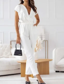 Women's Normal Jumpsuit Active Solid Color Short Sleeve V Neck High Waist Street Daily Regular Fit Black White Fuchsia Summer Women Jumpsuits