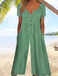 Outlet Women's Normal Jumpsuit Active Floral Short Sleeve Wide Leg Round Neck Pocket Print Vacation Daily Regular Fit White Army Green Blue Summer Women Graphic Jumpsuit