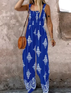 Online Women's Normal Jumpsuit Active Floral Sleeveless Square Neck Pocket High Waist Vacation Daily Regular Fit Black Blue Fuchsia Summer Women Jumpsuits|Graphic Jumpsuit